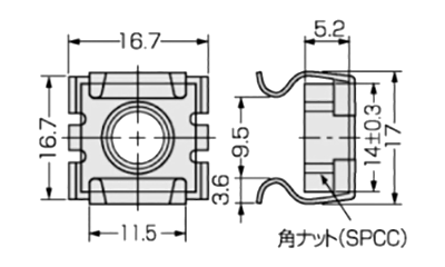 鉄 スナップナット SPN-3C (ハメ込み 脱落防止型ナット)(カメダデンキ)の寸法図