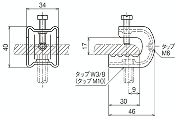 ネグロス パイラック型吊り金具 一般形鋼用 吊りボルト支持金具 (PH1T-W/ フランジ厚9～24)の寸法図