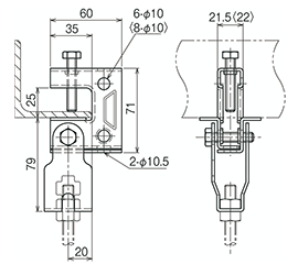 ネグロス 一般形鋼 リップみぞ形鋼用吊りボルト支持金具 (HB1-3W/ フランジ厚3～24)の寸法図