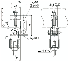 ネグロス 一般形鋼 リップみぞ形鋼用吊りボルト支持金具 (HB1T W/ フランジ厚3～24)の寸法図