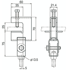 ネグロス 一般形鋼 リップみぞ形鋼用吊りボルト支持金具 (HB1FN/ フランジ厚3～24)の寸法図