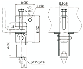 ネグロス 一般形鋼用 吊りボルト支持金具 (HB25/ フランジ厚5～30)の寸法図
