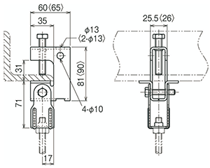 ネグロス 一般形鋼用 吊りボルト支持金具 (W3/8タップ付)(HB25T-W3/ フランジ厚5～30)の寸法図