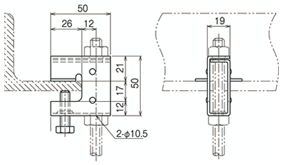 ネグロス 一般形鋼用 吊りボルト支持金具 (垂直吊り)(BC4H/ フランジ厚3～16)の寸法図