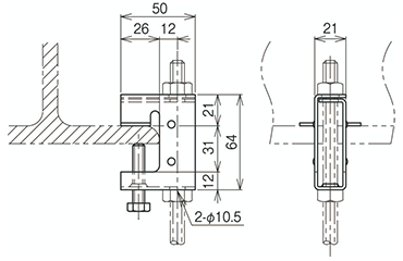 ネグロス 一般形鋼用 吊りボルト支持金具 (垂直吊り)(BC6H/ フランジ厚7～28)の寸法図