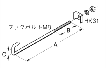 ネグロス電工 HB吊り金具用補強金具M8 (H形鋼用)(空調用)(チャンネルフックボルト/Z-HBRH-F)の寸法図