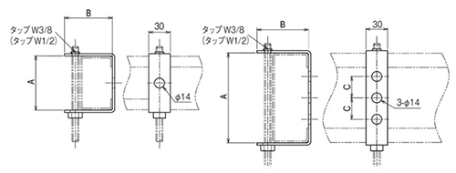 ネグロス リップみぞ形鋼用吊りボルト支持金具 (RYF-H-W)(インチ・ウイット)の寸法図