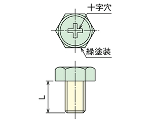 鉄 六角頭(+)グリーンボルト(アース用ねじ)(E型用/BEF)(頭部グリーン塗装)(RoHS品)(篠原電機)の寸法図