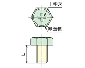 黄銅 六角頭(+)グリーンボルト(アース用ねじ)(E型用/BEX)(頭部グリーン塗装)(RoHS品)(篠原電機)の寸法図