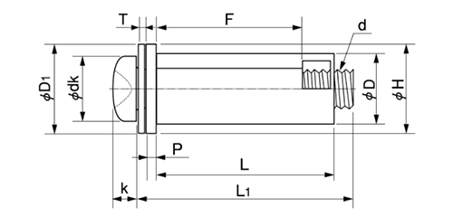 ロールナット (ネジ、座金付)(本体ゴム製)(中空壁用)の寸法図