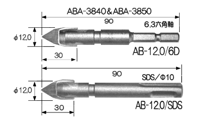 鉄 ABロックアンカー専用ビット(ABAタイプ おねじタイプ)の寸法図