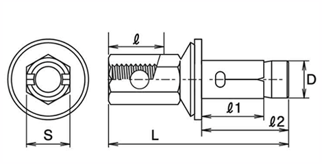 鉄 トルコンアンカー (AW-PC)(コーンナット式・穴あきPC板用懸垂物取付)(インチ・ウイット)(サンコーテクノ)の寸法図
