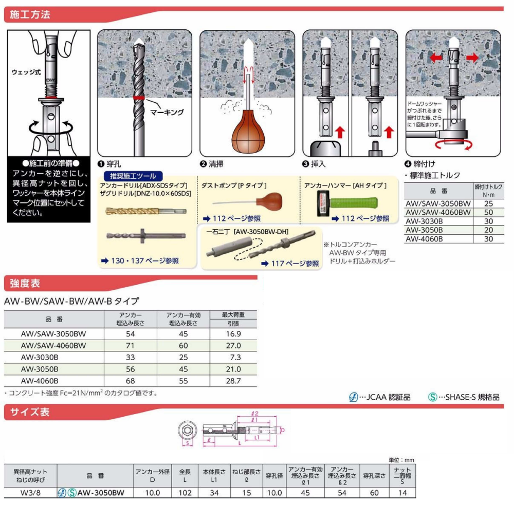 鉄 トルコンアンカー(懸垂物取り付け用)(多量施工セット)の寸法表
