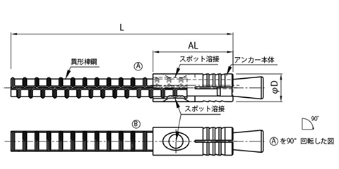 鉄 ホーク・鉄筋アンカー 雷電 (ワンタッチ式差筋アンカー)(KFC製)の寸法図