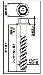 鉄 ハイタップ HEX(六角頭/小頭)(コンクリート用ビス)(JPF品)の寸法図
