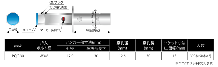 鉄 P-QCアンカー (穴アキPC板(スパンクリート)専用アンカー)の寸法表