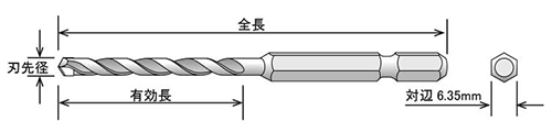 ユニカ 充電磁器タイル用ドリルビットTJタイプ (6.35六角軸シャンク)の寸法図