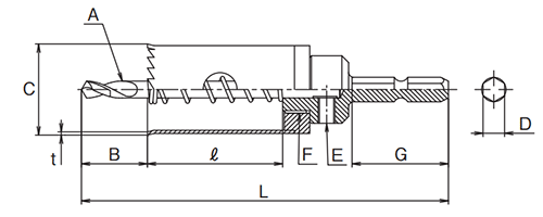 大見工業 FCLホールカッター(ツバ無しロング＆6.35六角軸シャンクタイプ)(FCL)の寸法図