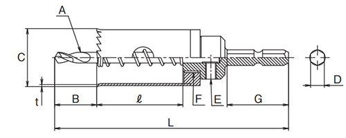 大見工業 FCLホールカッターアレンジセット(ツバ無しロング＆6.35六角軸シャンクタイプ)(FCL-●)の寸法図