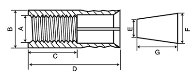 鉄 プラグアンカー(AY)(メネジタイプ・本体打込式)(ミリ・インチ)の寸法図