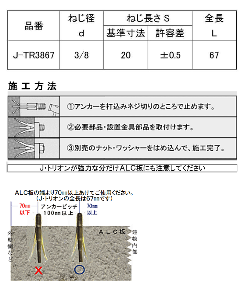 鉄 J・トリオン (ALC用雄ネジ)(インチ・ウイット)(大阪ファスニング品)の寸法表