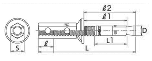 ステンレス トルコンアンカ-SAW(ウェッジ式・懸垂物取付用)(インチ・ウイット) サンコーテクノの寸法図