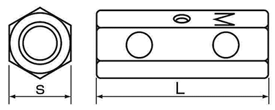 ステンレス トルコンアンカー用異径高ナット(ねじ違径変換用)2つ穴付きの寸法図