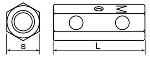 ステンレス トルコンアンカー用異径高ナット(ねじ違径変換用)2ツ穴付の寸法図