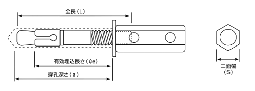 ステンレス ノックアウトアンカー懸垂物取付け用ロングナット(SKO)(ウェッジ式)エヌパット品の寸法図