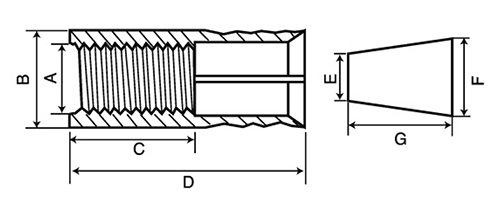 ステンレス プラグアンカー(AY)(メネジタイプ・本体打込式)(ミリ・インチ)の寸法図