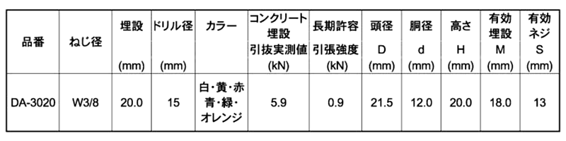 エヌパット デッキアンカーDA(デッキプレート用)(一般スラブ用)(各色)の寸法表