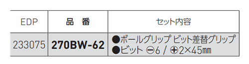 クッションスタビー 差替ドライバー No.270BW-62(+2/-6)の寸法表