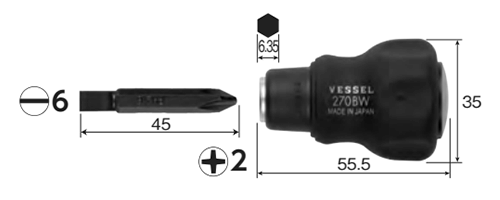 クッションスタビー 差替ドライバー No.270BW-62(+2/-6)の寸法図