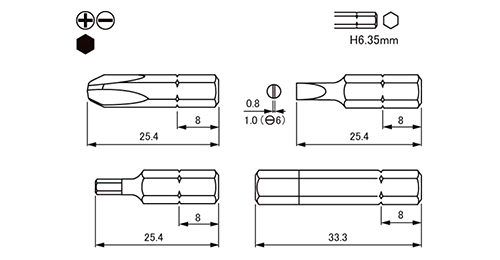 ベッセル ショートビットB33(+3)(差込6.35)の寸法図