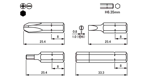 ベッセル ショートビットB33(-4)(差込6.35)の寸法図
