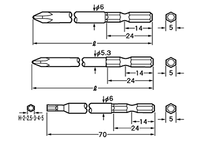 ベッセル ドライバービット B34(対辺5mm軸)(組立専用ビット)の寸法図