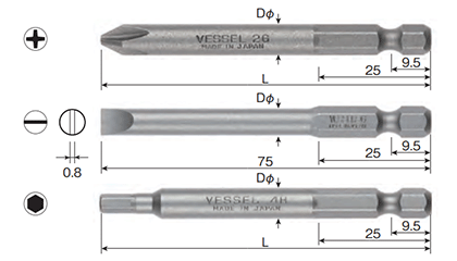 ベッセル 六角穴用ビット(B35-H)(対辺6.35mm)(六角穴付きボルト用)の寸法図