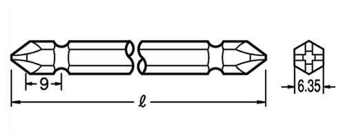 ベッセル 両頭ドライバービット B43(硬度Hタイプ)(対辺6.35mm軸)(組立専用ビット)の寸法図