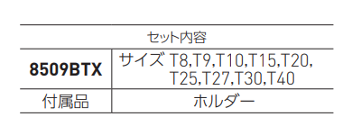 ベッセル ボールエンド トルクスレンチ 9本組 (六角棒スパナ)(8509BTX)の寸法表