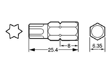 ベッセル TORXビット(A4)(六角軸6.35mm・トルクスビット)の寸法図