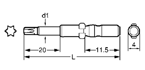 ベッセル TORXビット(D73)(シャンク4mm・トルクスビット)の寸法図