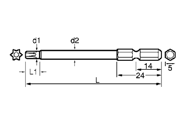 TORXビット タンパプルーフ)(NT)(六角軸5.0x14L)(ピン付き)の寸法図