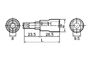 TORX T型ソケット(Q6T)(差込角9.5mm・全長50mm)の寸法図