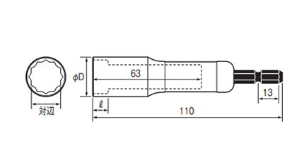 ベッセル 電動ドリル用 深穴ソケット (LA)(12角タイプ)の寸法図
