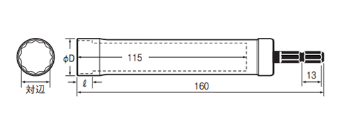 ベッセル 電動ドリル用 超ロングソケット (XA)(12角タイプ)の寸法図
