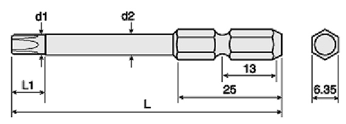 TORXビット タンパープルーフ用(V)(六角軸6.35mm・ピン付き)の寸法図