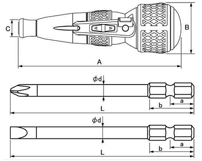 ベッセル 電ドラボール ドライバー(充電式、高輝度LEDライト付)の寸法図