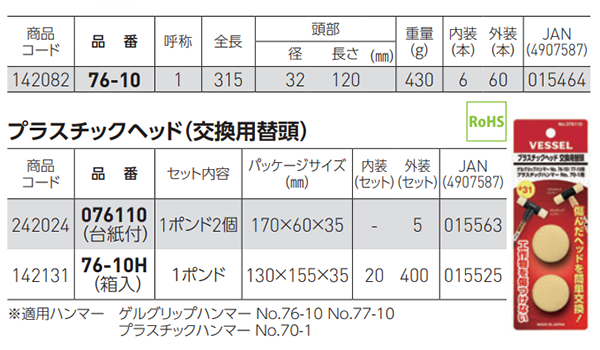 ベッセル ゴムプラハンマー (本体 №77)(交換用替頭)の寸法表