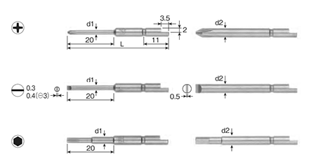 ベッセル 精密ビット(ハーフムーン断面/差込口φ4mm)(D71・六角穴用)の寸法図
