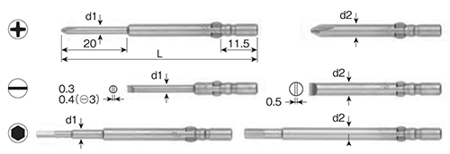 ベッセル (+)精密ビット(ハーフムーン断面/差込口φ4mm)(D73)の寸法図
